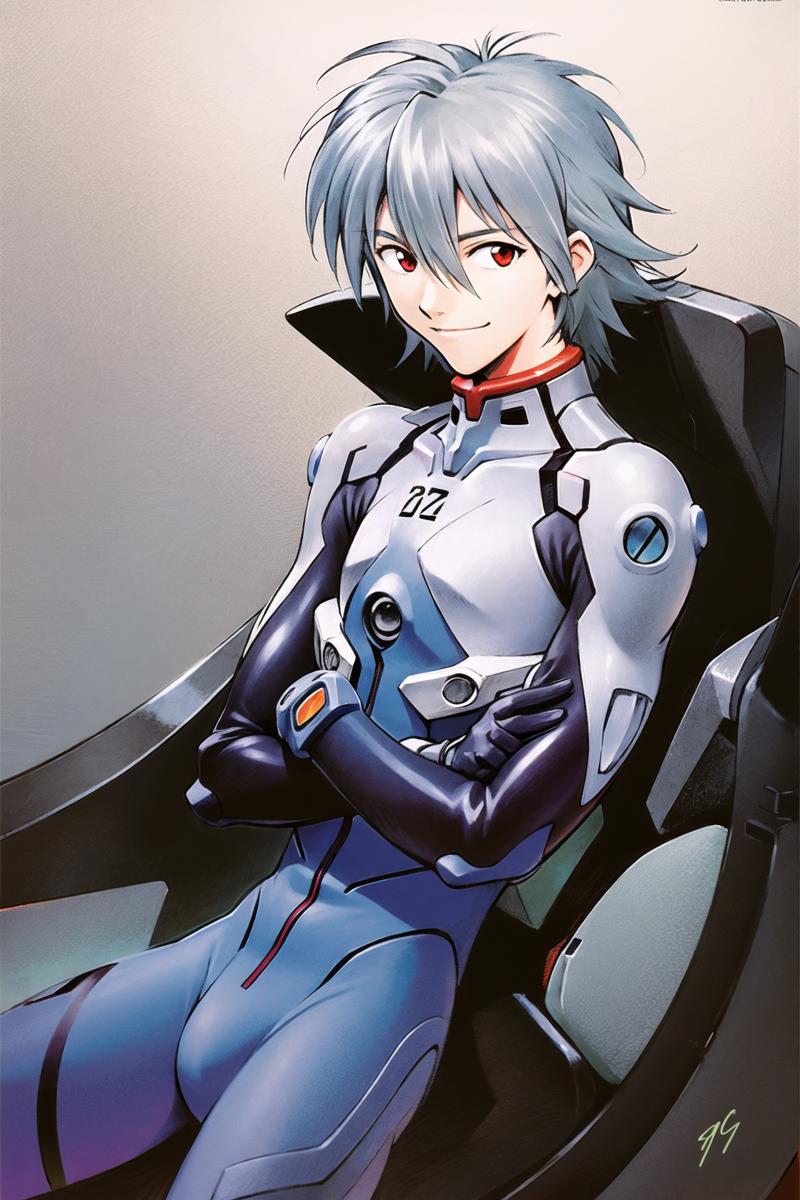 05409-3136048739-nagisa kaworu, plugsuit, male focus, 1boy, red eyes, solo, smile, bodysuit, grey hair, interface headset, looking at viewer, ika.png